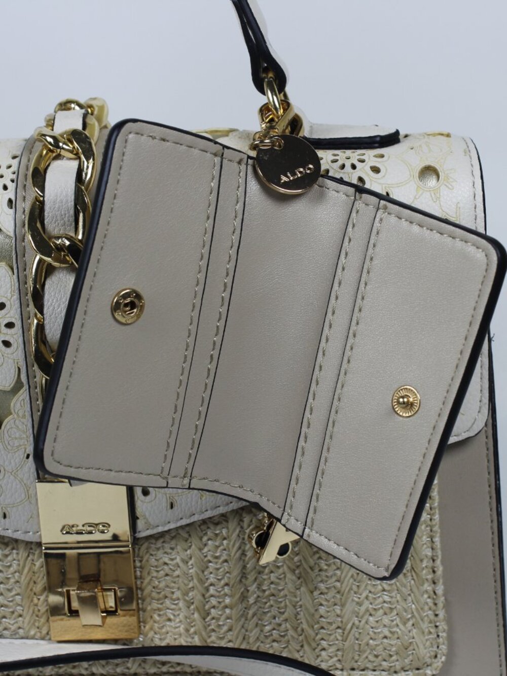 Aldo Beige Satchel Bag with Laser-Cut Floral Flap and Gold Chain - Picture 5 of 10